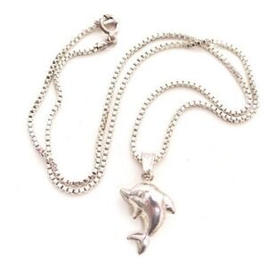 Sterling Puffy Dolphin Pendant & 16" Box link Chain